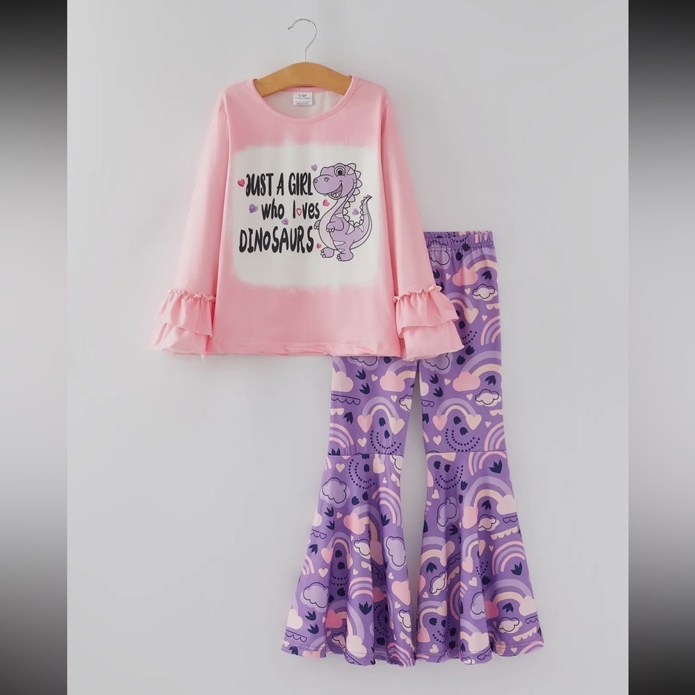 Pink Dinosaur Top and Purple Patterned Pants Set